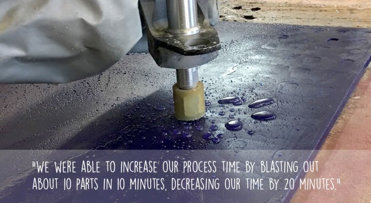 Flow waterjet cutting urethane parts, decreasing Plan Tech's processing time by 20 minutes.